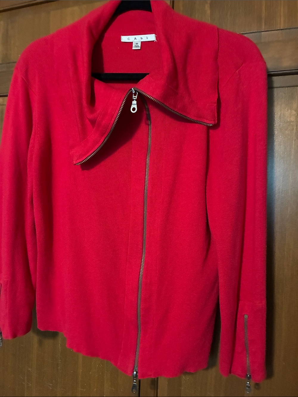 CAbi Bright Red Asymmetrical Zip Knit Sweater Jacket